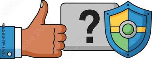 Illustrative Hand Giving Thumbs Up for Cybersecurity Assurance with a Question Mark and Shield in a Digital Space, Emphasizing Information Technology Protection & Business Trust, ideal for Website Gra