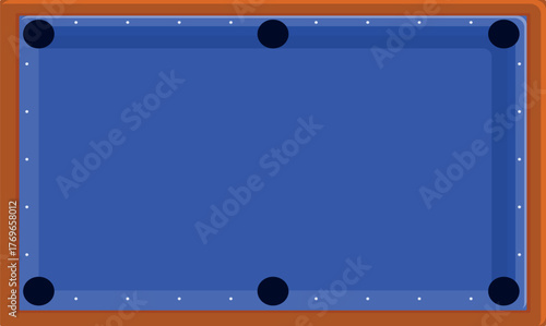 Top view of an empty billiard table with blue cloth and six pockets, ready for a game to begin