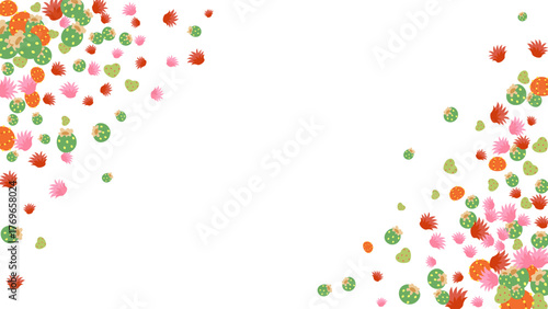 Multicolored flower cacti frame cute desert plants around perimeter of illustration template for greeting cards and invitations. Empty copy space for text