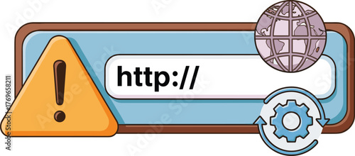 Website Security Warning Sign for Online Protection against Cyber Threats in Digital Environment, Showing HTTP Protocol Issue, with Global Internet Network and Data Transfer Synchronization, Perfect f