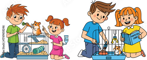 Children Caring for Pet Hamsters in Cages, Feeding, Reading, and Interacting with Small Animals in Educational Pet Responsibility Vector Scene