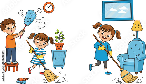 Children cleaning house interior, cartoon kids doing chores, sweeping and dusting, playful home activity, vector illustration for stock content.
