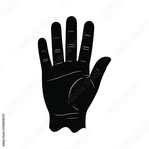 Black silhouette of a human hand with fingers spread open showing white line details on a white background