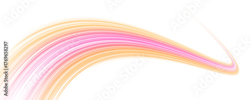 PNG urban highway with pink, yellow, and red neon streaks twisting dynamically. Blue motion blur highlights futuristic speed and energy flow. Perfect illustration for night city and technology themes.