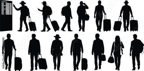 Airport traveler silhouette set with luggage, walking poses, backpack, suitcase, departures board, travel activity vector illustration for transportation themes