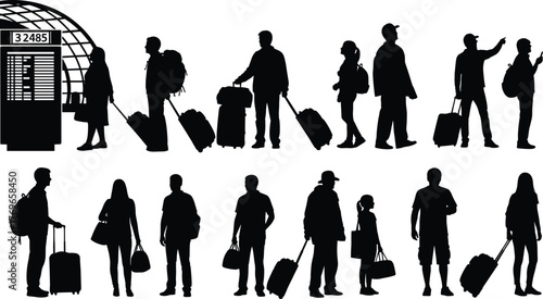 Airport traveler silhouette set with luggage, walking poses, departure board, backpacks, suitcases, travel activity, transit motion vector illustration
