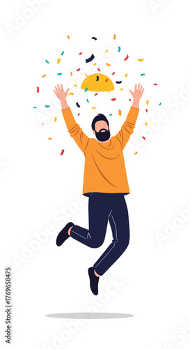 A man celebrates with confetti in the air, jumping for joy, representing success and happiness.