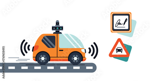 Autonomous Vehicle Navigating Urban Landscape with Self-Driving Technology and Digital Signature Verification for Secure Transactions and Transportation Solutions, Modern Mobility Innovations, Smart C