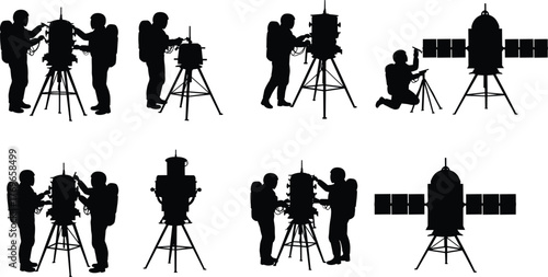 Astronaut silhouette vector set assembling satellite, space exploration illustration for technology, science, research, aerospace, inspection, teamwork, and engineering themes