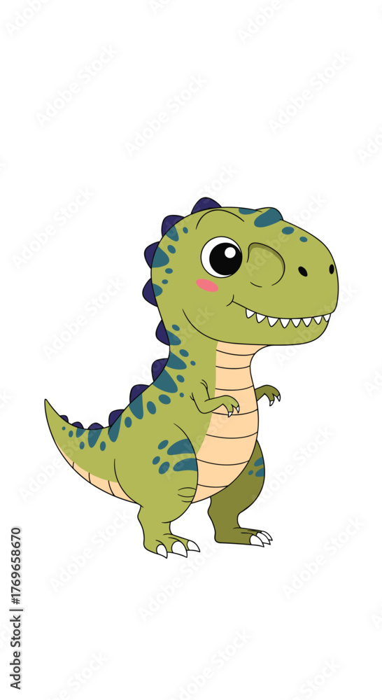 Obraz premium Cute cartoon green tyrannosaurus rex dinosaur with blue spots and purple spikes roaring happily.