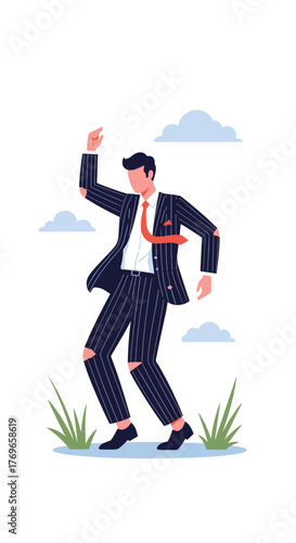 Tired businessman with ripped suit dancing in the grass under clouds.