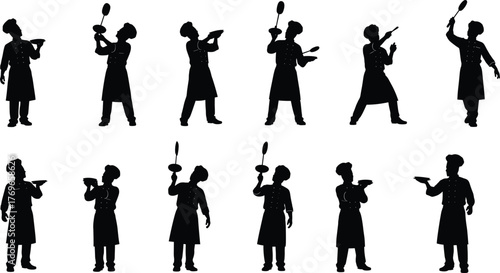 Chef silhouette vector set with cookware action poses, professional culinary figure flipping, holding, and serving in kitchen design
