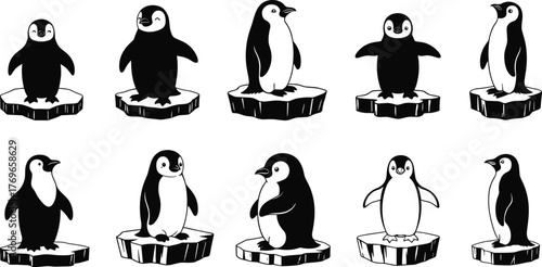 Cartoon penguin illustrations on ice platforms in various poses and expressions for cute animal vector design and wildlife clipart content.
