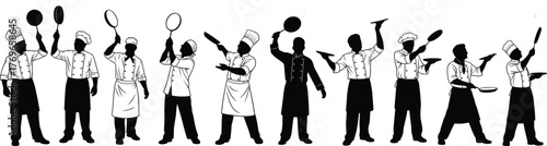 Chef silhouettes tossing kitchen utensils in dynamic poses, teamwork performance, culinary celebration, black and white vector illustration for stock content.