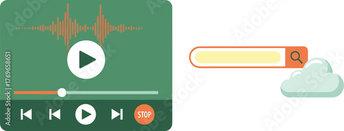 Podcast Player Interface Design for Cloud Audio Search: Playback Controls, Progress Bar, and Waveform Display in Green Tones with a Search Bar and Cloud Icon, Perfect for Media and Technology Presenta