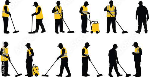 Cleaning worker silhouettes with safety vests using mops, brooms, and machines, janitorial staff vector illustration for maintenance and stock content.