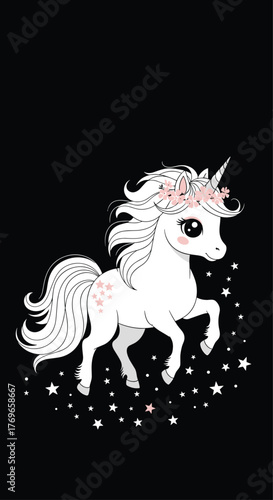 Cute white unicorn with a flower crown prancing among twinkling stars.