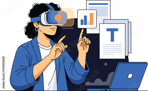 Businesswoman Analyzing Data in Virtual Reality for Strategic Planning and Decision Making, Immersive Technology for Professional Development and Modern Workplace Innovations, Presentation Ready Graph