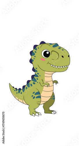 Cute cartoon green tyrannosaurus rex dinosaur with blue spots and purple spikes roaring happily.