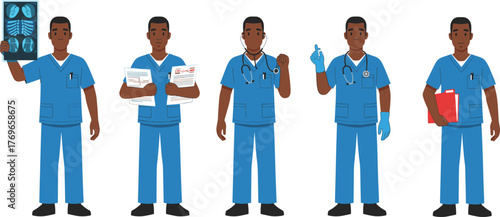Cartoon medical professionals in blue scrubs performing healthcare tasks, vector illustration for hospital, clinic, patient care, and diagnostics themes