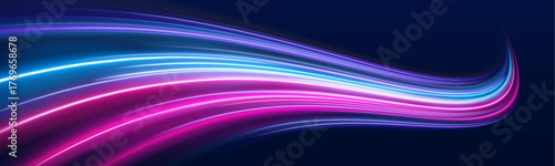 Light speed trails in neon blue and purple stretch across a transparent background, simulating futuristic motion. Each beam glows with energy and direction. Great for sci-fi or racing themes. PNG