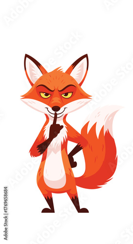An animated, cunning fox character with an enigmatic grin makes a shush gesture, hinting at a hidden plan or a discreet message.