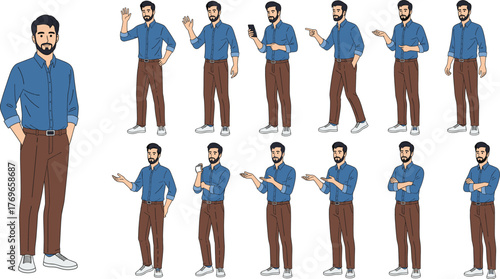 Cartoon man in casual outfit performing expressive gestures and poses, vector illustration for character design, emotion, and lifestyle themes