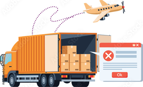 Orange Delivery Truck Unloading Packages with Airplane in Transit and Error Message Pop-Up for E-Commerce Logistics and Supply Chain Solutions, Representing Failed Delivery Service, in Modern Style