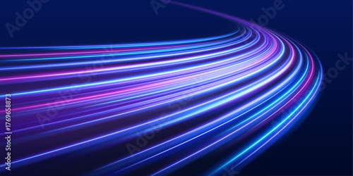 Colored shiny sparks of spiral wave. Curved bright speed line swirls. Vector vortex wake effect. Electric swirl lines, neon light effect. Abstract magic energy waves.	