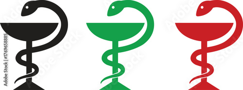 Bowl of Hygieia Vector Icon Set - Pharmacy, Medicine, and Health Care Symbols