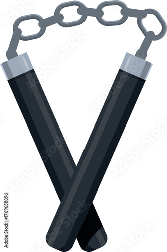 Black nunchaku with metal chain connecting two fighting sticks, isolated on white background