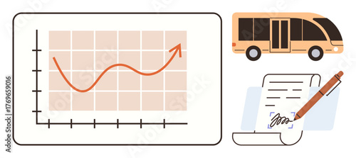 Graph with upward trend, orange bus, and signed document. Ideal for finance, transport, growth, contracts, planning strategy and analytics concepts. Simple flat metaphor
