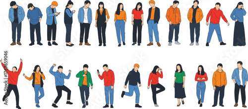 Cartoon people in casual outfits and expressive poses, vector illustration for fashion diversity, lifestyle behavior, and social character design