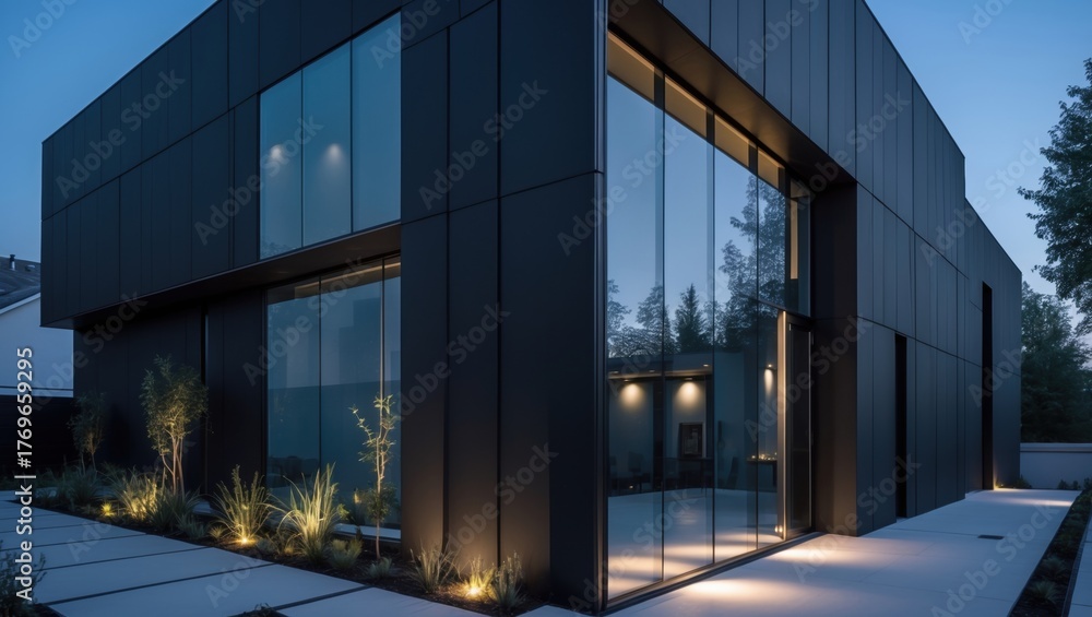 Fototapeta premium Contemporary Black House Exterior with Glass Facade and Illuminated Landscape