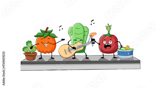 A group of vegetables forming a rock band, performing on a kitchen counter stage
