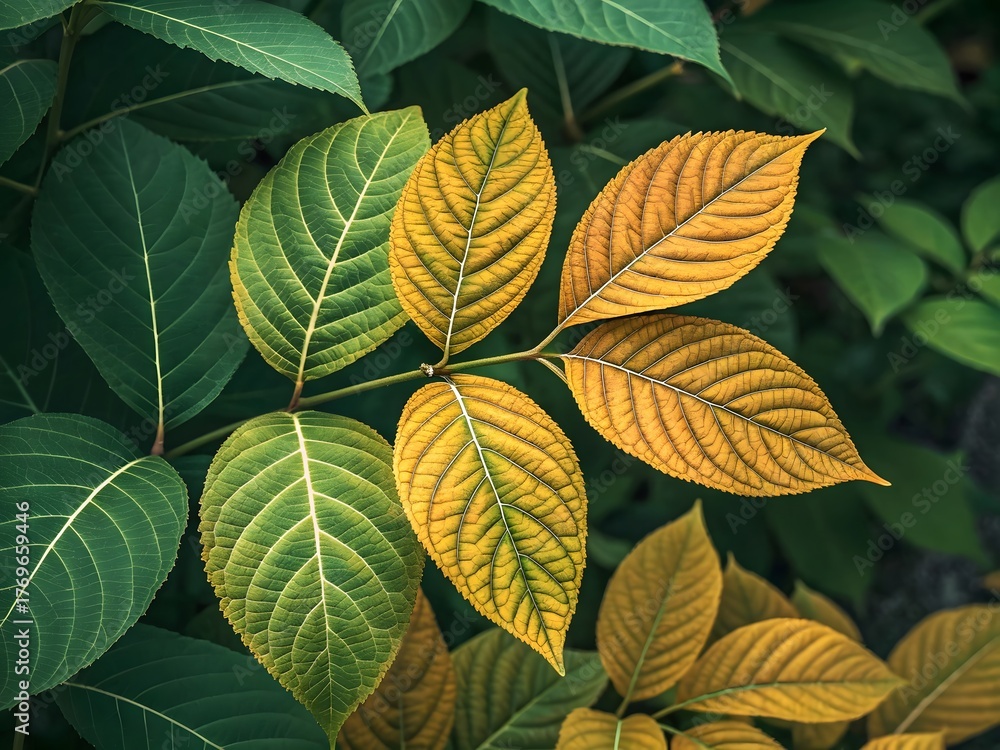 Obraz premium Close up of vibrant green leaves transitioning to warm yellow and orange hues on a branch