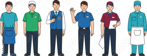 Cartoon service industry workers in various uniforms and roles, vector illustration for retail, hospitality, delivery, and customer support themes
