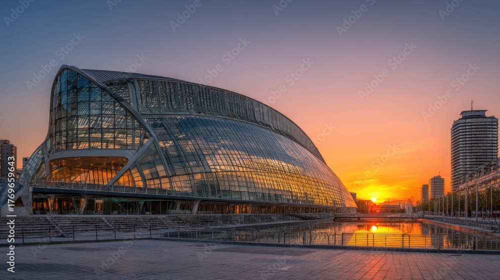 Fototapeta premium Golden sunset reflects off glass building creating a serene atmosphere in the city.