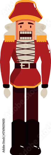 Festive christmas nutcracker soldier toy with open mouth, wearing traditional red uniform and hat, standing at attention