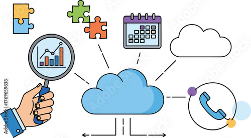 Cloud Computing Data Analytics with Magnifying Glass for Business Intelligence, Strategy, Planning and Collaboration in a Modern Technological Environment for Solutions, Marketing, and Presentations.