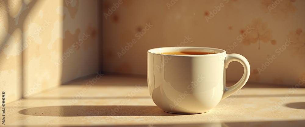 Obraz premium White coffee cup placed on countertop with soft morning light