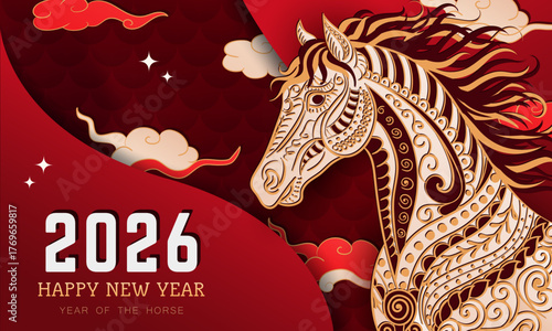 Paper cut layered greeting card with hand drawn ornate Horse (equine) and text on red background with oriental clouds and stars. Poster, web banner, wallpaper in asian style for 2026 Lunar New Year