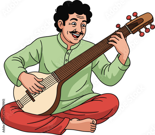 Cartoon vector illustration of person playing sitar in traditional attire, cultural music scene, seated pose, green kurta and red pants