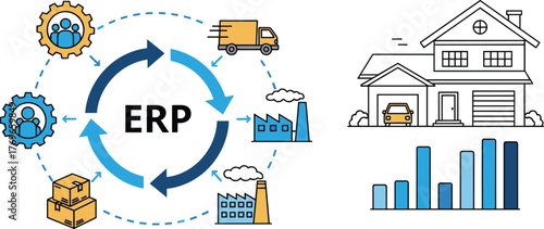 ERP System Integration Streamlining Business Processes, Manufacturing and Distribution Logistics to Enhance Real Estate Sales with Data Analytics Visualized in a Chart, Modern Illustration for Present
