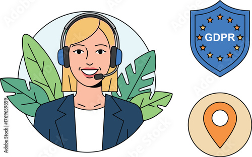 Smiling Customer Service Representative with Headset Providing Global Support Online for Privacy and Location on Website, Modern Vector Illustration for Business Presentation & Tech Advertising 198