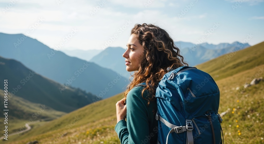 Naklejka premium Young woman with a backpack hiking in the mountains. Hiker enjoying the scenic landscape view. Adventure, travel and active lifestyle concept