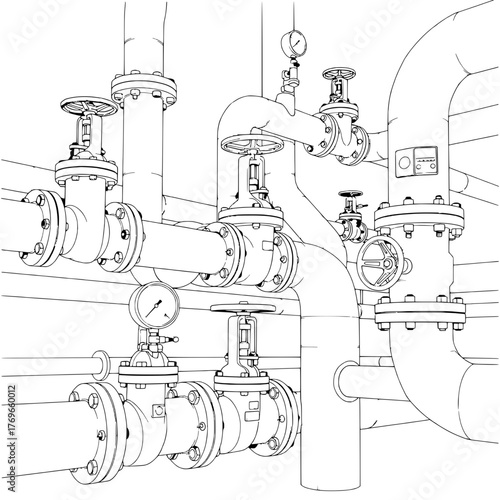 Technical blueprint drawing of a fluid transfer system with multiple pipes and control elements