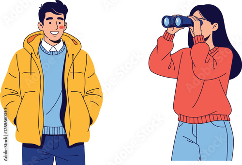 Casual outdoor people in autumn clothing, observing nature with binoculars, standing relaxed, lifestyle fashion vector illustration for stock content
