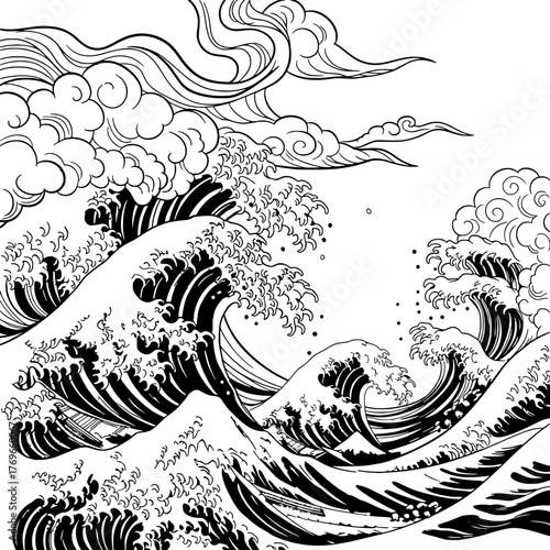 The Great Wave Off Kanagawa A Black and White Illustration of Ocean Waves