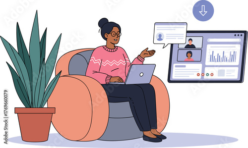 Professional Woman Telecommuting from Home Office, Participating in Virtual Meeting on Laptop, Reviewing Data Charts in Presentation, Discussing Strategy Remotely, Casual Business Communication, Onlin